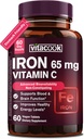 Jern supplement til mænd, høj potens Iron 65mg med C-vitamin 250 mg, langsom frigivelse Mave venlige jernpiller til røde blodlegemer & immunforsvar, non-GMO, gluten fri, 60 Vegan Tabs
