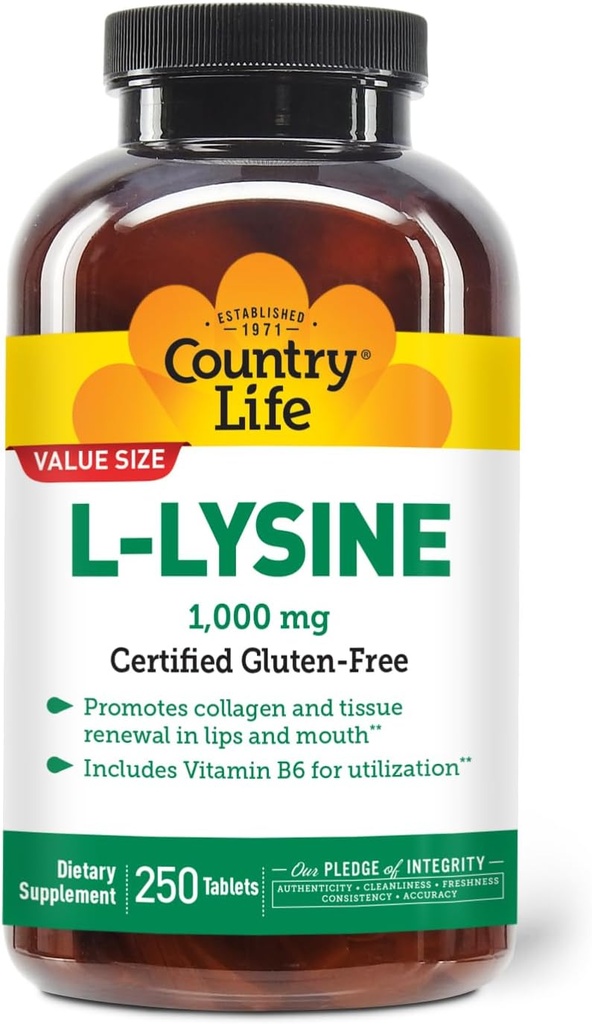 Country Life L- Lysin 1000mg med B- 6, understøtter immunsundhed, fremmer Collagen fornyelse i læber og mund, 250-greve, Certified Gluten Free, Certified Vegan