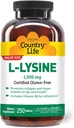 Country Life L- Lysin 1000mg med B- 6, understøtter immunsundhed, fremmer Collagen fornyelse i læber og mund, 250-greve, Certified Gluten Free, Certified Vegan