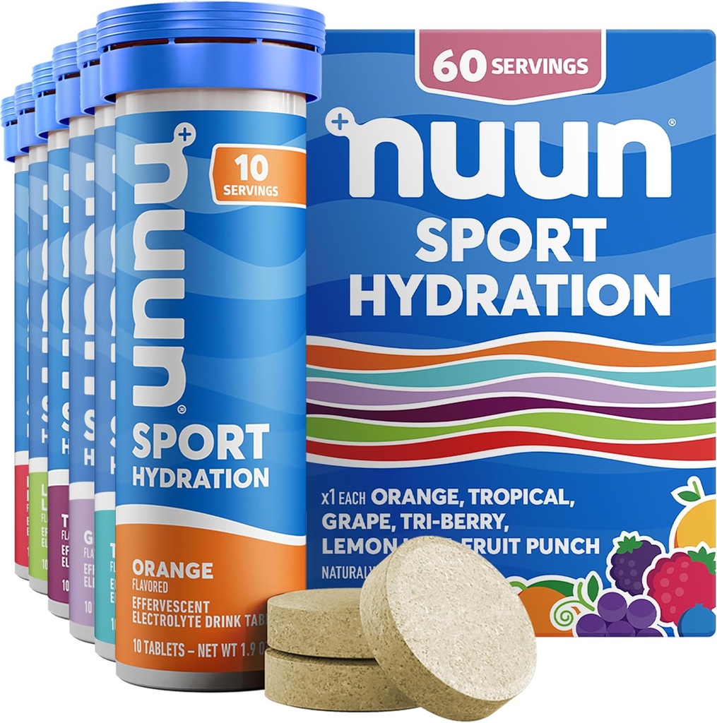 Nuun Sport Electrolyte Tablets med Magnesium, Calcium, Kalium, Chlorid & Natrium, Gluten Free & Vegan, Blandede Flavors, 6 Pack (60 Servere i alt)