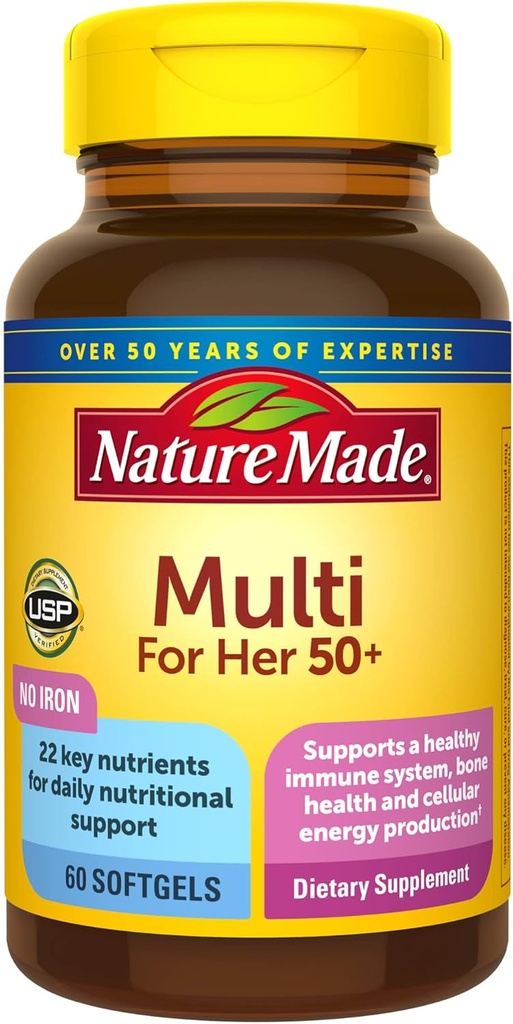 Nature Made Multivitamin til hende 50 + med ingen jern, Kvinder Multivitamin til daglig ernæring Support, Multivitamin til kvinder, 60 Softels, 60 Day Supply