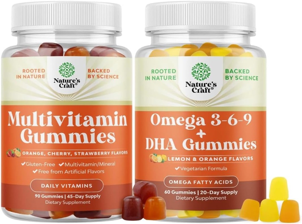 Bundle af Multivitamin Gummies - Halal Multivitamin Gummy med B12 Biotin Zink & D-vitamin og Vegetarisk Omega 3 6 9 DHA Gummies for Brain Bone Heart Sundhed og fælles støtte - Burpless Fish Free