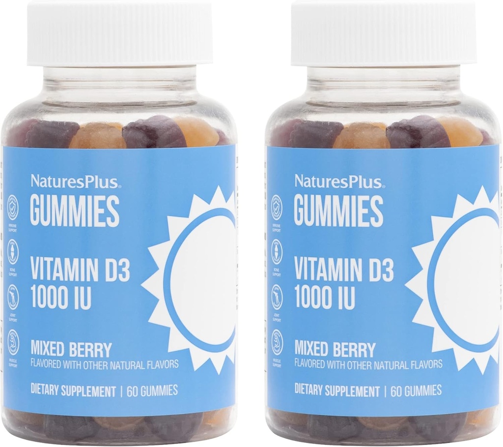 NaturesPlus Gummies Vitamin D3 1000 IE, blandet berry - 60 Gummies, pakke af 2 - fremmer ben sundhed & immunfunktion - Vegan, Gluten Free, Non- GMO - 120 Total Servering