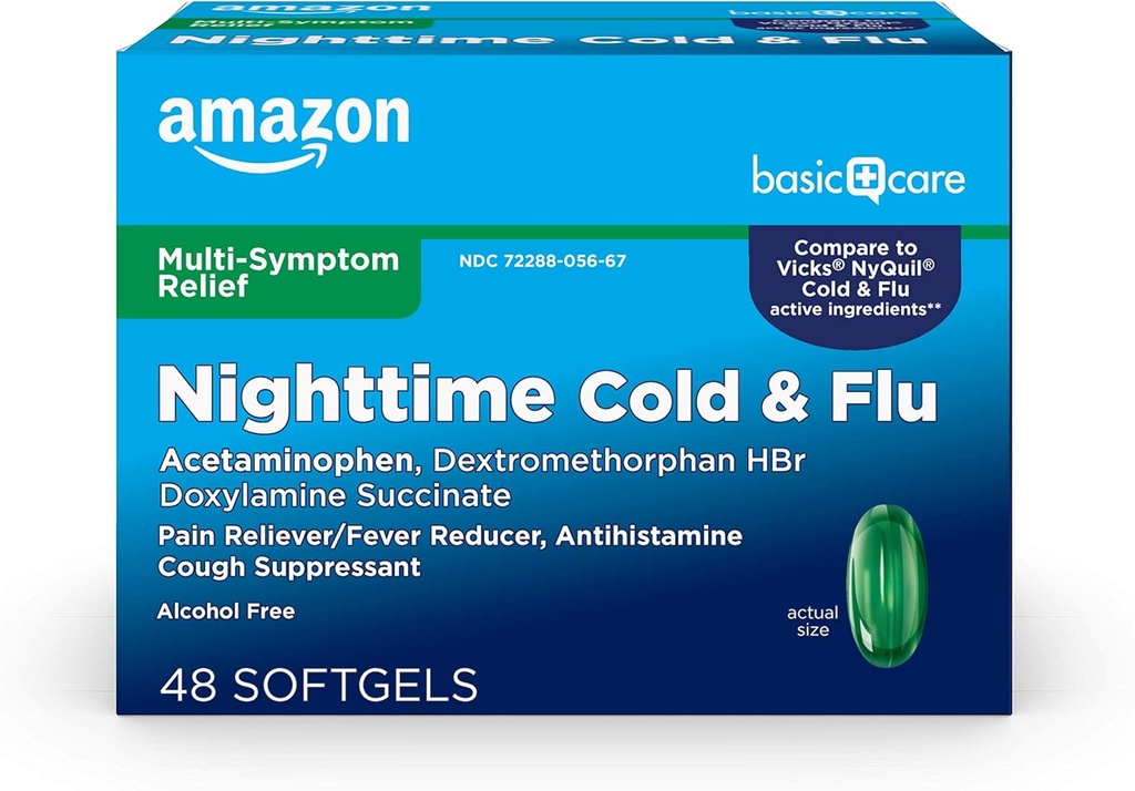 Basic Care Nighttime Cold and Flu Relief Softgels, 6 timers kold medicin, Relieves Major Flu Symptomer, så du kan hvile, 48 Greve (pakke med 1)