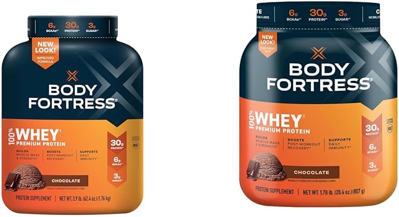Body Fortress 100% Whey, Premium Protein Powder, Chocolate, 3.9lbs (Packaging May Vary) & 100% Whey, Premium Protein Powder, Chocolate, 1.78lbs (Packaging May Vary)