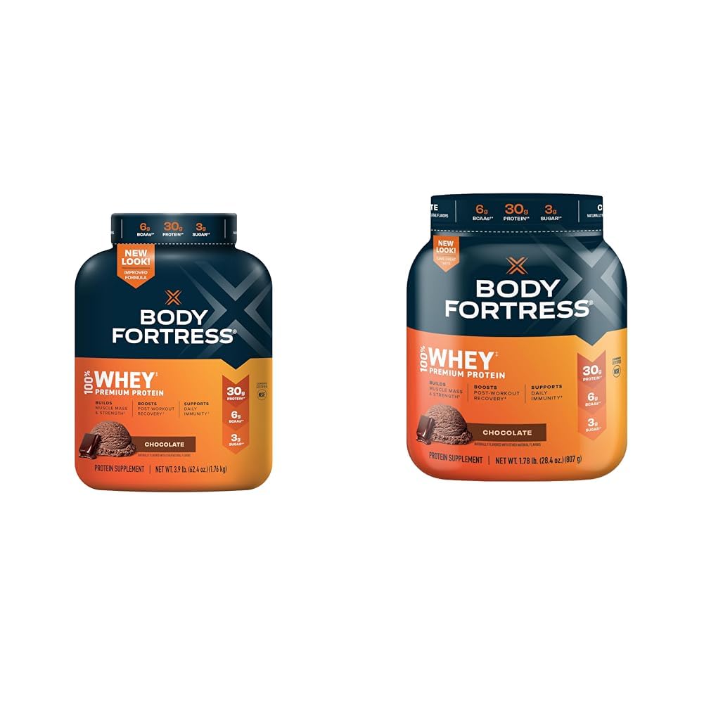 Body Fortress 100% Whey, Premium Protein Powder, Chocolate, 3.9lbs (Packaging May Vary) & 100% Whey, Premium Protein Powder, Chocolate, 1.78lbs (Packaging May Vary)