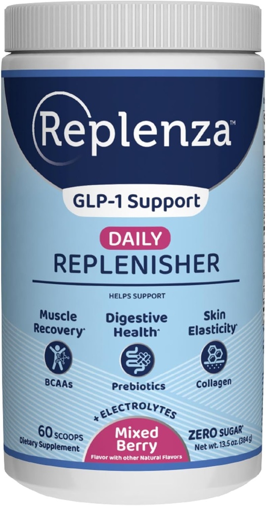 Replenza Daily Replenisher GLP-1 Nutritional Support, Powder, Muscle Recovery, fordøjelsessygdomme & hudelasticitet Mix af aminosyrer, Prebiotika og collagen peptider - Berry Flavor, 60 Scoops, 13.5 OZ