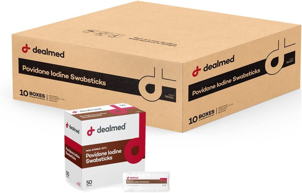 Dealed Povidon Jod 10% Swabsticks - Individuelt Sealed Packets Perfect for Sown Care and Portable First Aid Kits, 50 / Box (sag af 10)