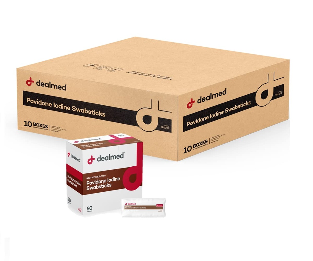Dealed Povidon Jod 10% Swabsticks - Individuelt Sealed Packets Perfect for Sown Care and Portable First Aid Kits, 50 / Box (sag af 10)