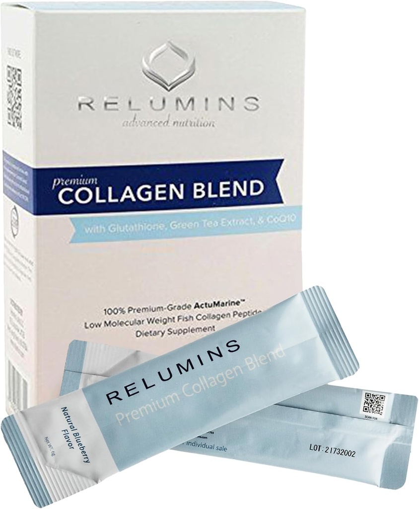 Reluminer Marine Collagen Powder Drink Mix - Collagen Peptid med Glutathion, grøn te, CoQ10, & Hyaluronsyre fremmer glødende hud - 100 Powder Sachets x Blueberry Flavored + 10 Free Sachets