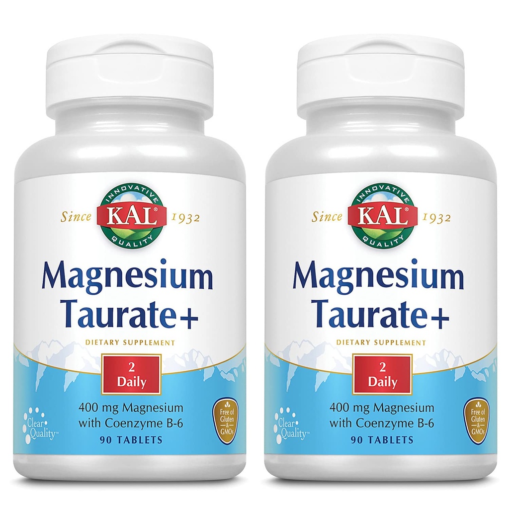KAL Magnesium Taurate Plus 400mg w / Coenzym B6 Mg124; Højt biotilgængeligt, Chelated, Vegan Mg124; for Normal Nerve, Muskelfunktion og Heart Health Mg124; 90 Tabs Mg124; 2 stk.
