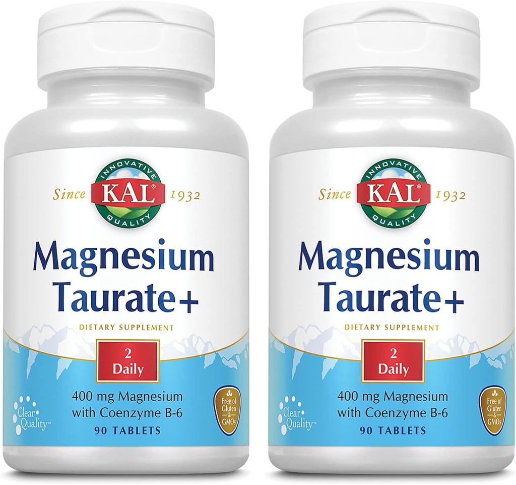 KAL Magnesium Taurate Plus 400mg w / Coenzym B6 Mg124; Højt biotilgængeligt, Chelated, Vegan Mg124; for Normal Nerve, Muskelfunktion og Heart Health Mg124; 90 Tabs Mg124; 2 stk.