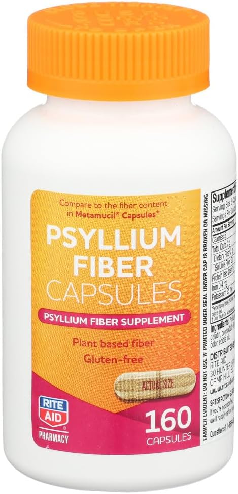 Rite Aid Psyllium Fiber Kapsler, 160 Count, Psyllium Fiber Supplement, Note 124; Forstoppelse Relief