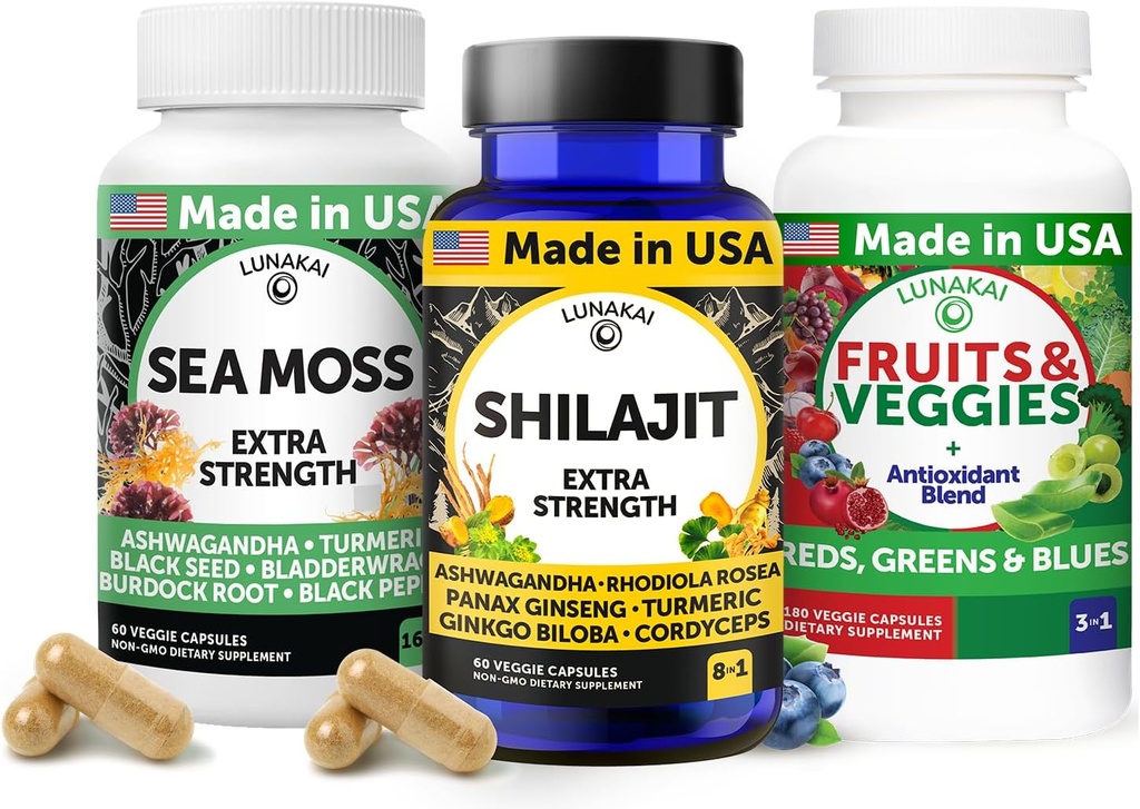 Lunakai USA Made 3-in-1 Supplement Capsule Pack – Shilajit, Irish Sea Moss & Superfood Fruits and Veggies
