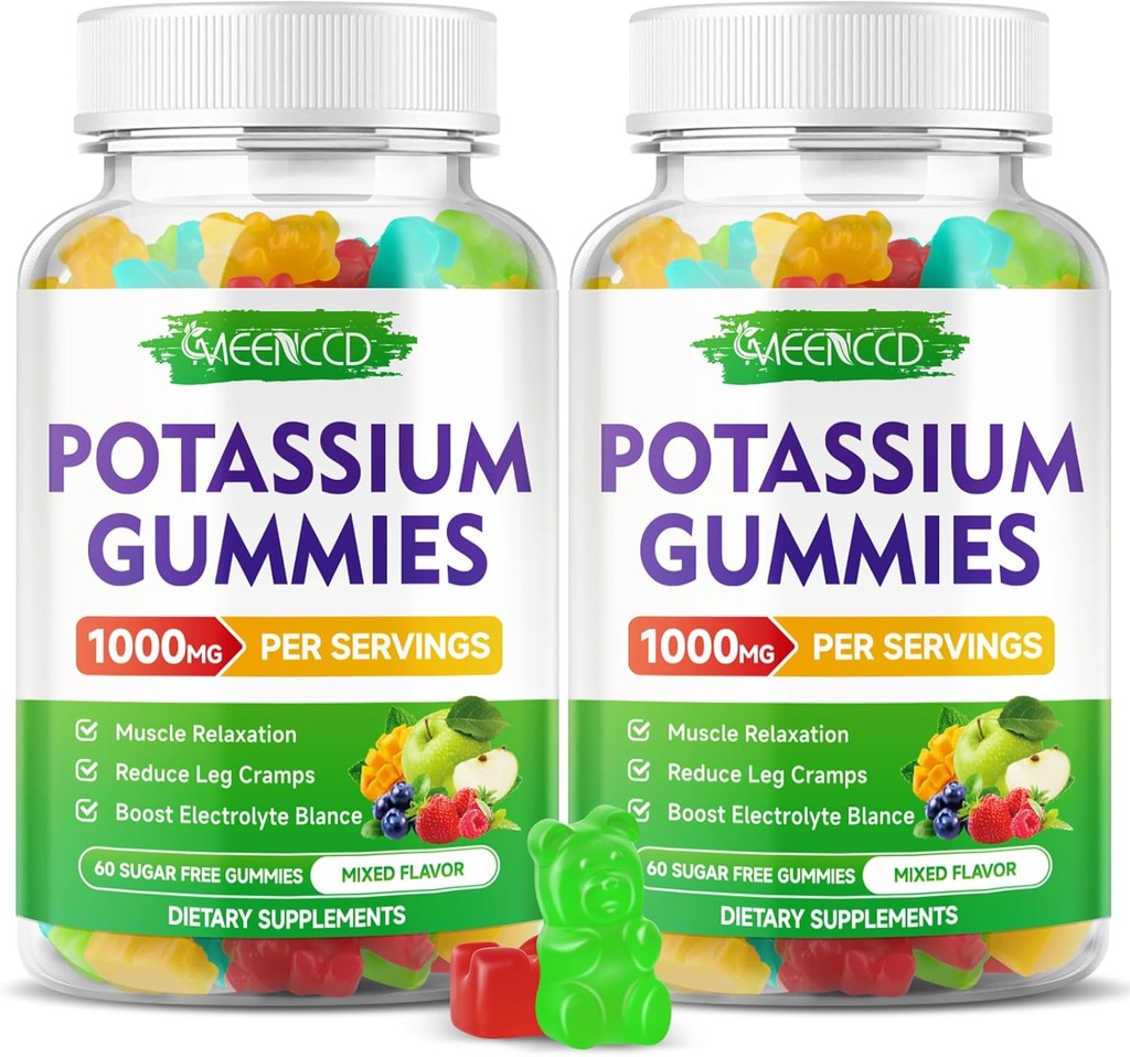 Kalium Citrate Gummies 1000mg, høj potens Kalium supplement Gummies for voksne kvinder & mænd, Support Leg Cramp & Muscle Health, Sugar- Free, Mixfed Fruit Flavor, 120 Greve