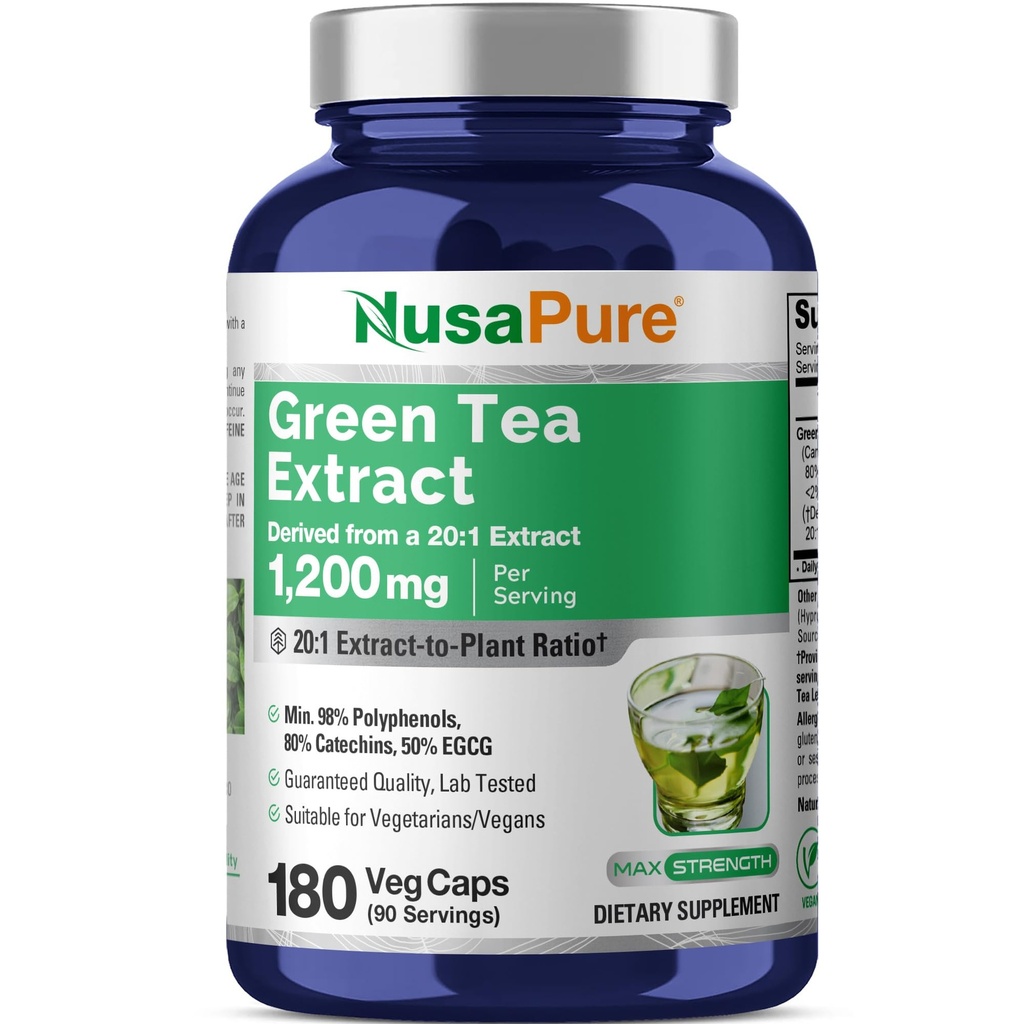 NusaPure Green Tea 20: 1 Extract, 1200 mg svarende til 24000mg, 180 Vegan Capsules, 50% EGCG, 98% Polyphenoler, 80% Catechins
