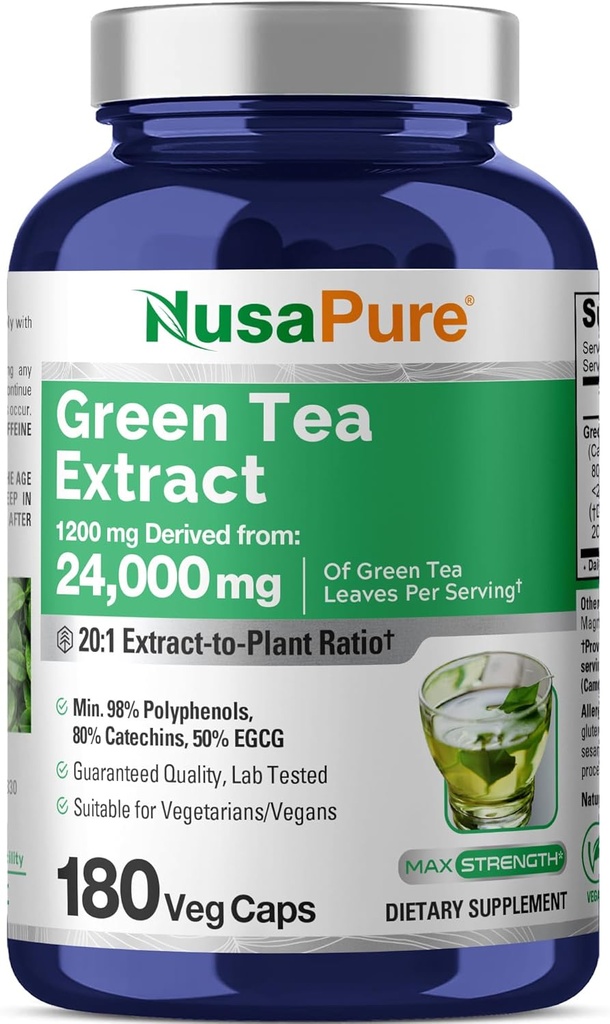 NusaPure Green Tea 20: 1 Extract, 1200 mg svarende til 24000mg, 180 Vegan Capsules, 50% EGCG, 98% Polyphenoler, 80% Catechins