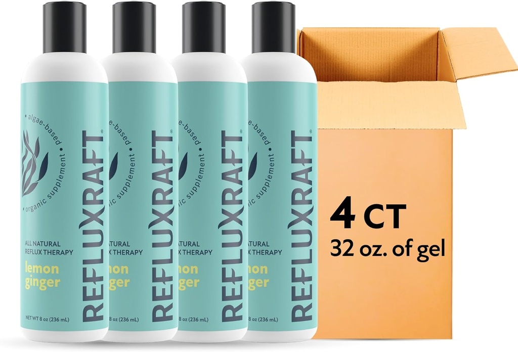 Syrereplikat terapi, organisk alginat, hurtig & lang holdbarhed Gerd, LPR & fordøjelsessymptomstøtte, Zero Sugar, Gluten Free, Lavnatrium, Lemon Ingefær, 47 Gel Serveringer Per 8 OZ flaske, 4 Pack