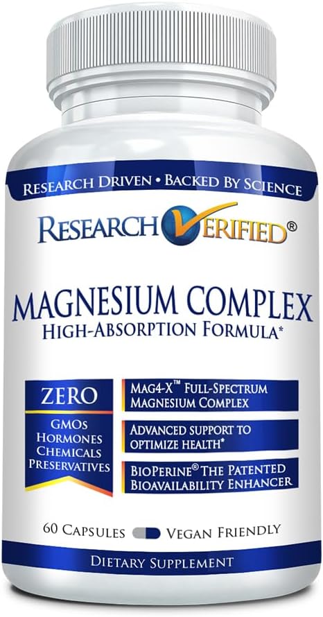 Forskning Verified Magnesium Complex - Brain, Muscle and Nerve Support - Magnesium Bisglycinate, Malat, Citrate og Oxide - Bioperine - Vegan - 60 Kapsler - Pakning med 1 stk.