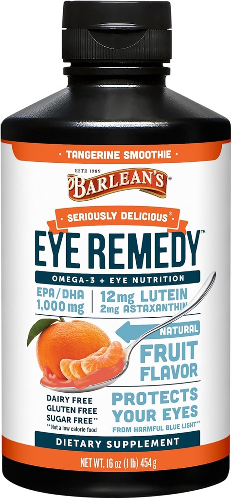 Barlean 's Eye Remedy Supplement, Tangerine Flavored Fish Oil Liquid med Lutein, Astaxanthin og Zeaxanthin, 1.000mg Omega 3 EPA DHA, Eye Care Kosttilskud, 16 oz