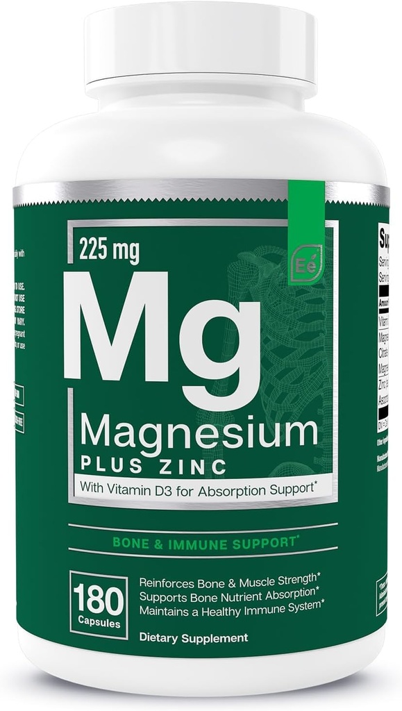 Væsentlige elementer Magnesium Plus Zink med D3- vitamin 124; Scientific Formulated Heart, Bone & Muscle Support Dex124; 225mg Triple- Strength Magnesium Complex med Glycinat, Malat, Citrate