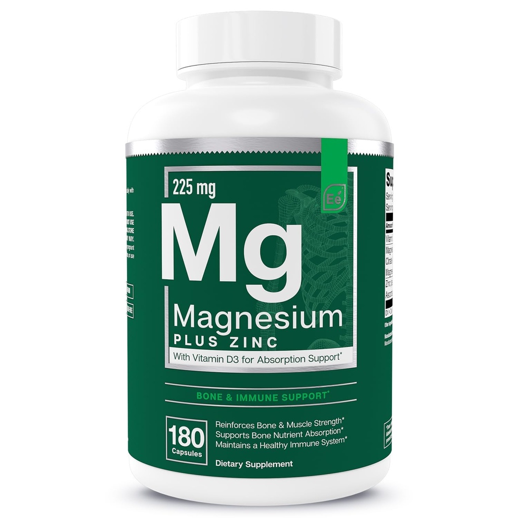 Væsentlige elementer Magnesium Plus Zink med D3- vitamin 124; Scientific Formulated Heart, Bone & Muscle Support Dex124; 225mg Triple- Strength Magnesium Complex med Glycinat, Malat, Citrate