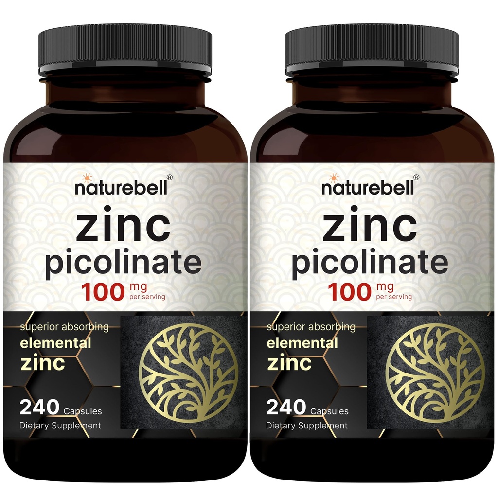 2 Pack maksimal styrke Zink 100mg, Zinkpicolinat supplement, 480 kapsler, Zinkvitamin og immunvitaminer til enzymfunktion og immunforsvar, non-GMO og fremstillet i USA