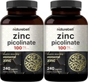 2 Pack maksimal styrke Zink 100mg, Zinkpicolinat supplement, 480 kapsler, Zinkvitamin og immunvitaminer til enzymfunktion og immunforsvar, non-GMO og fremstillet i USA