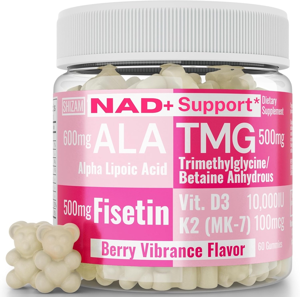 SHIZAM TMG betaine Alpha Lipoic Acid ALA D3 Fisetin Gummies, Trimethylglycin trimethylglycin R- Alpha NAD + Plus + HCL Kosttilskud, Mitokondriel Senolytisk Aktivator, NR Kapsler Pulver 600 mg 1000mg