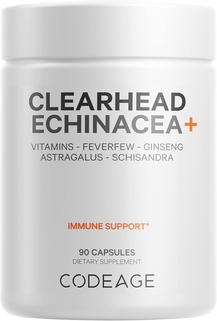Codeage Clearhead Echinacea + Supplement - Echinacea, Schisandra, Fevernow, Coptis, American Ginseng, Astragalus, Hvidløg, Probiotika, Vitamin C & D3, Zink, Selen - Clear Head Vitamin - 90 Kapsler