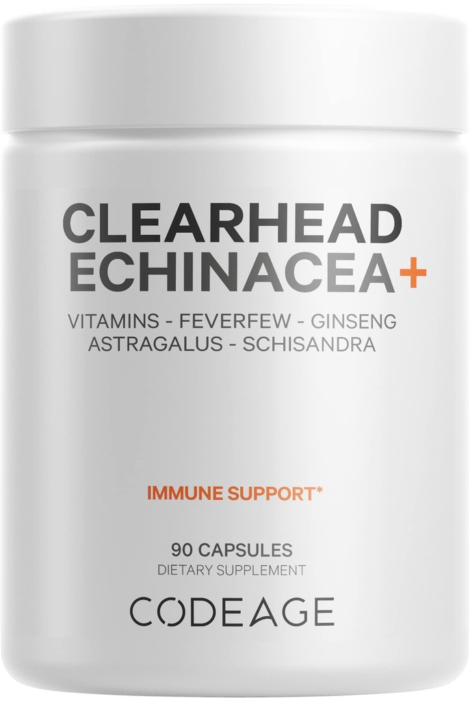 Codeage Clearhead Echinacea + Supplement - Echinacea, Schisandra, Fevernow, Coptis, American Ginseng, Astragalus, Hvidløg, Probiotika, Vitamin C & D3, Zink, Selen - Clear Head Vitamin - 90 Kapsler