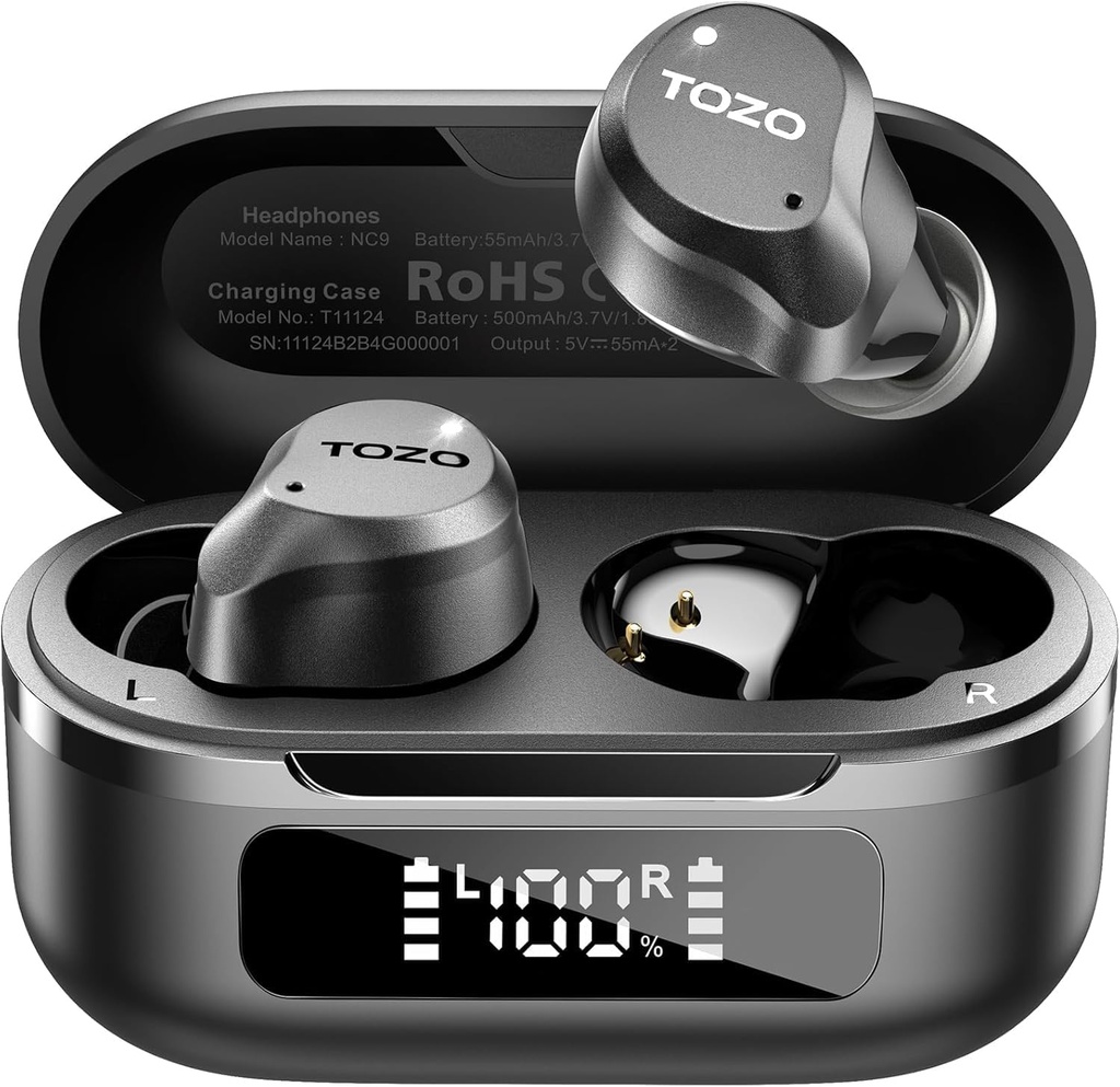 TOZO NC9 Hybrid Aktiv Støj Annullering Trådløse Earknopper, 6 Mics ENC Clear Call, IPX8 Vandtæt, i Ear Bluetooth 5.3 Hovedtelefoner Stereo Bass Ear Bud 59H Spilletid med LED Display 32 EQs via APP