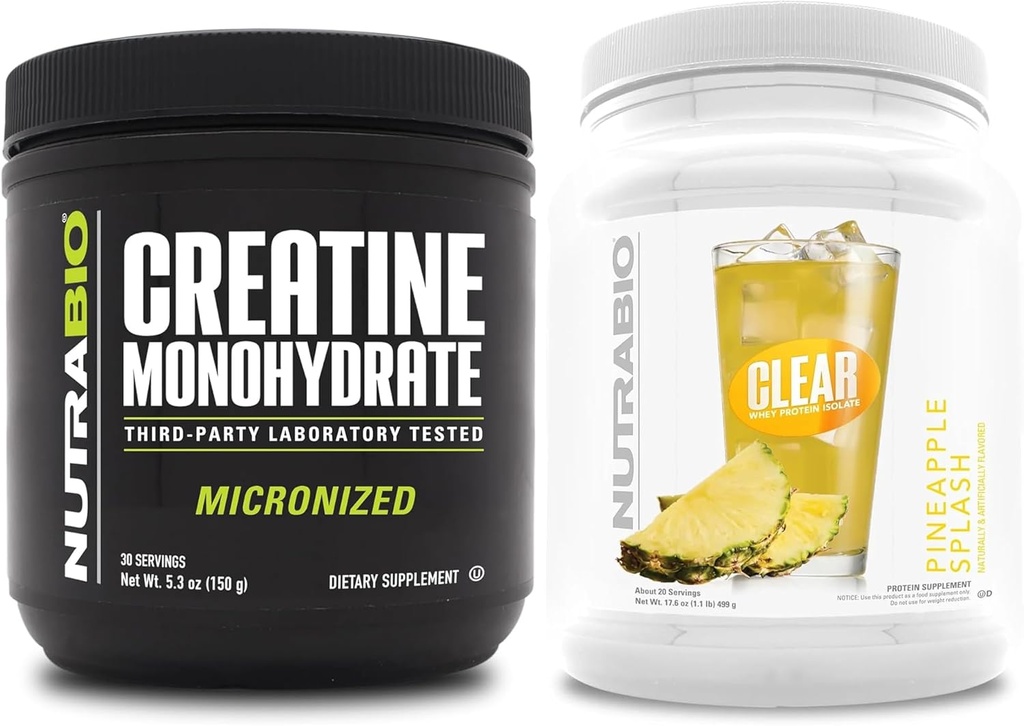 Nutrabio Creatine monohydrat, Unflavored, (150 g) og Clear Whey Protein Isolate, (Ananas Splash) Supplement Bundle - Muskelenergi, maksimal vækst, inddrivelse, og styrke