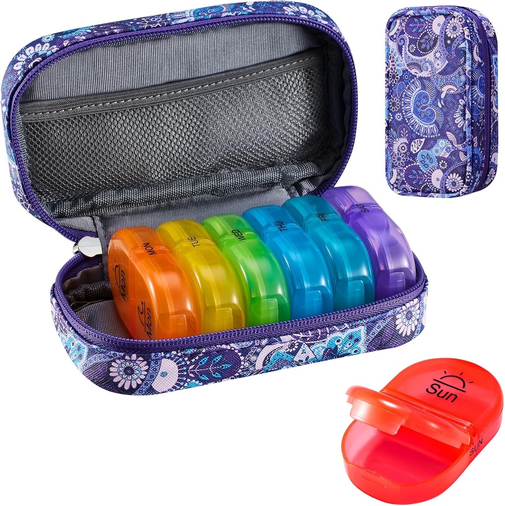 Serfeymi Weekly Travel Pill Organizer 2 gange en dag PM opgraderet Rainbow Pill Box 7 dag med transportabel lynlås PU læderpille sag, Medicine Organizer til piller, Vitaminer, Fish Oliils - Purple- 01