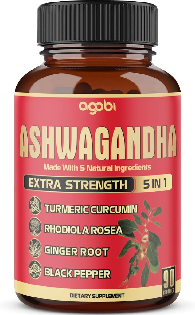 90 Kapsler - Ashwagandha Supplement Kapsler - Ingefær Root, Gurkemeje, Rhodiola Rosea & Black Pepper