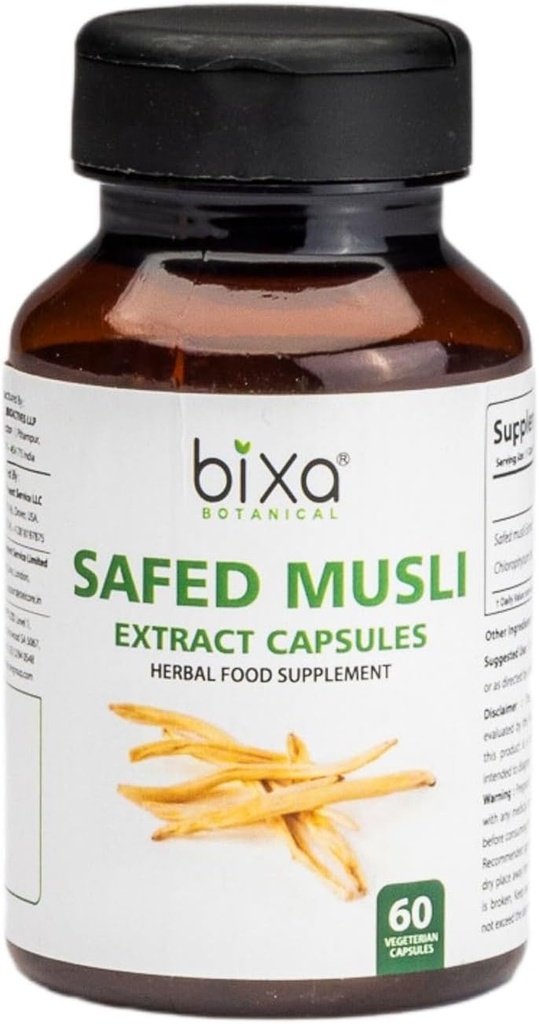 bixa BOTANITIC Safed Musli kapsler til mænd Note 124; Safed Musli ekstrakt Note 124; Ayurvedic Natural Herbal Supplement Note 124; 100% Pure, Gluten Free, Non- GMO, Steam Sterilized