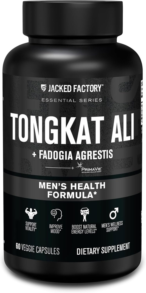 Jacked Factory Indonesian Tongkat Ali + Fadogia Agrestis - 200: 1 Extract Longjack Tongkat Ali til mænd med Fadogia Agrestis 600 mg & Primavie Shilajit til støtte Vitality, Energy, & Mood - 60 kapsler