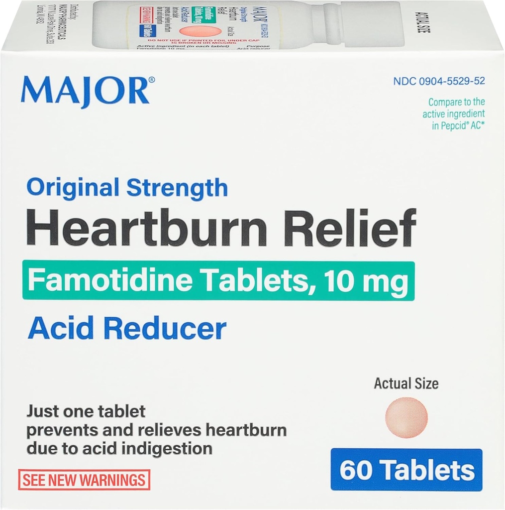 Større original styrke Heartburn Relief - Famotidine tabletter, 10 mg - Acid Reducer - 60 tabletter