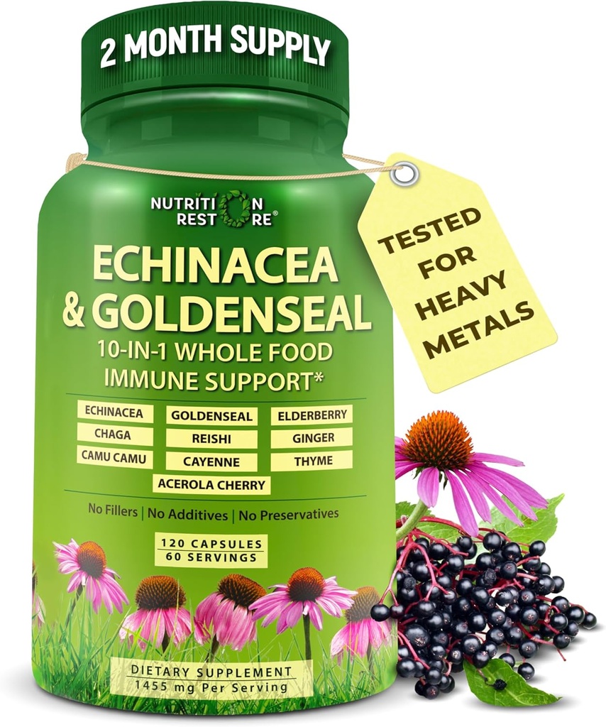 Echinacea Goldenseal Capsules - 10 in 1 Immune Support Supplement - 1455mg - Vegan Echinacea Capsules Supplement Made With Organic Whole Foods - Herbal Immune System Support - 2 Month Supply