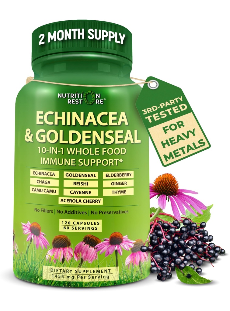 Echinacea Goldenseal kapsler - 10 i 1 immunforsvar supplement - 1455mg - Vegan Echinacea kapsler supplement lavet med økologiske hele fødevarer - Herbal immunsystem support - 2 måneders forsyning