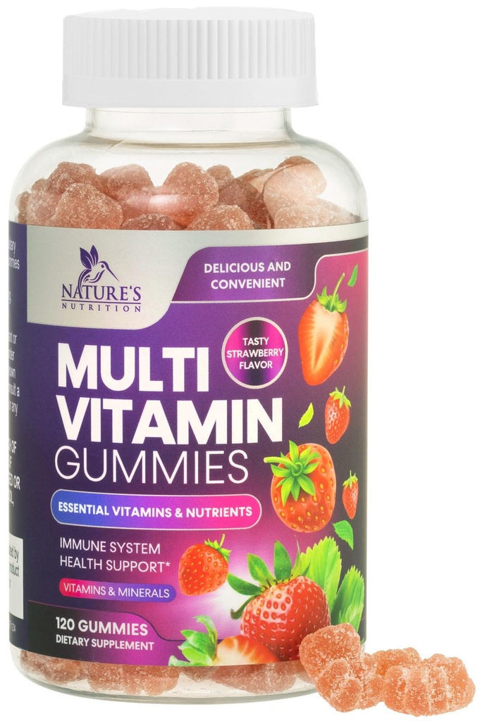 Multivitamin Gummy til voksne, Daglige Gummy Vitamin & Min med Vitaminer A, C, D, B12 for kvinder og mænd, Immunstøtte Gummy Multivitaminer supplement, Voksen Multi VIT Vitamin - 120 Gummies