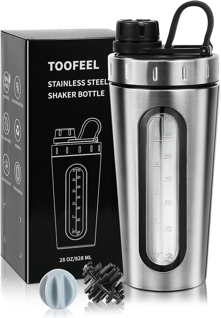 TOOFEEL Shaker Flasker til Protein Mixes 28 oz rustfrit stål Protein Shaker med 2 Mixing Ball, Ikke Stays Cold / Hot, Synlig Vindue Metal Shaker Cups, Blakproof, BPA Free Flaske Shaker