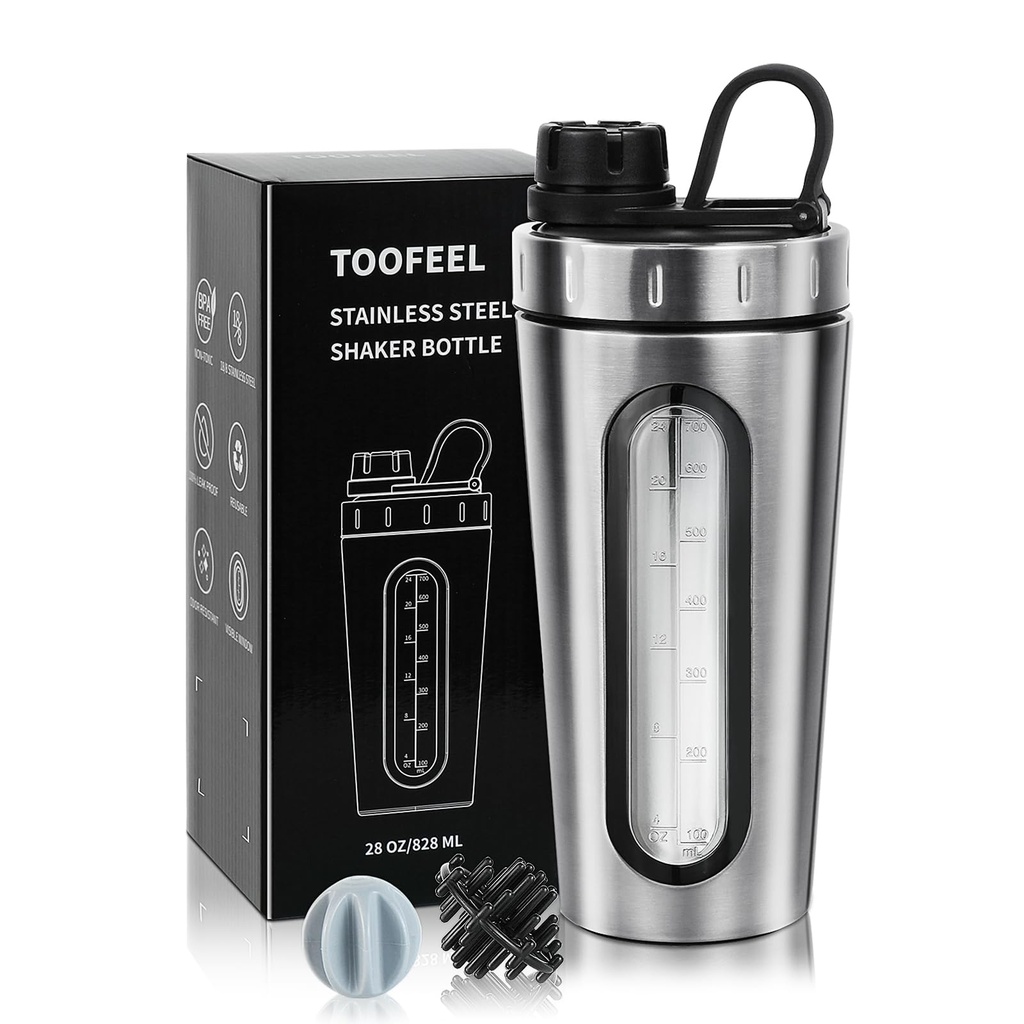 TOOFEEL Shaker Flasker til Protein Mixes 28 oz rustfrit stål Protein Shaker med 2 Mixing Ball, Ikke Stays Cold / Hot, Synlig Vindue Metal Shaker Cups, Blakproof, BPA Free Flaske Shaker