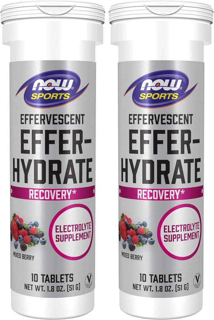 Now Sports Nutrition, Effervescent Effer- Hydrate, Electrolyte Supplement, Recovery *, blandet berry, 10 tabletter (pakke med 2)