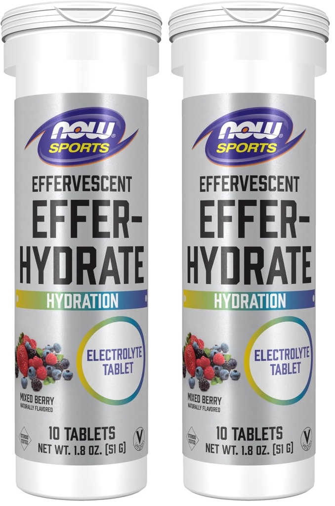 Now Sports Nutrition, Effervescent Effer- Hydrate, Electrolyte Supplement, Recovery *, blandet berry, 10 tabletter (pakke med 2)
