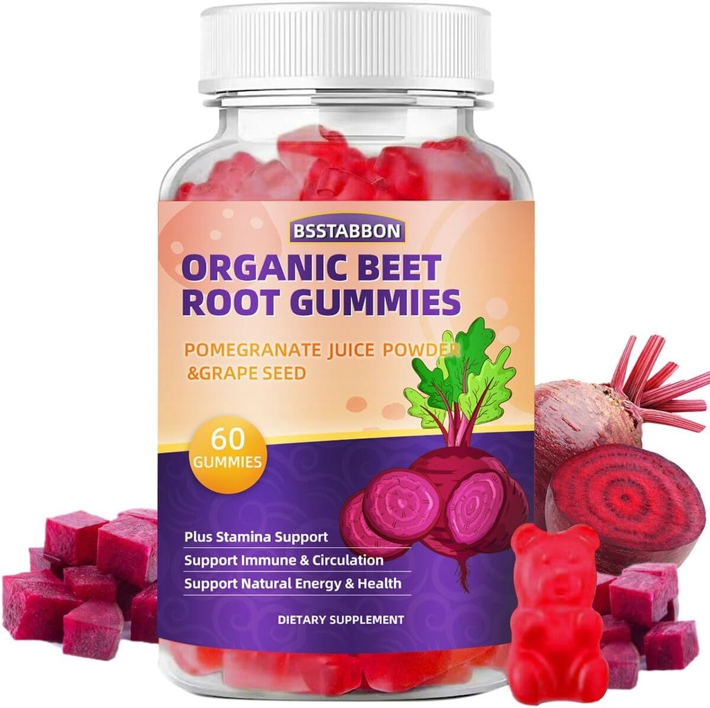 Beet Root Gummies med Beet Root Extract, Pomegranate Juice Power, Grape Seed Extract Supplement Per Servering for mænd og kvinder Non- GMO, og Gluten Free, 60Gummies