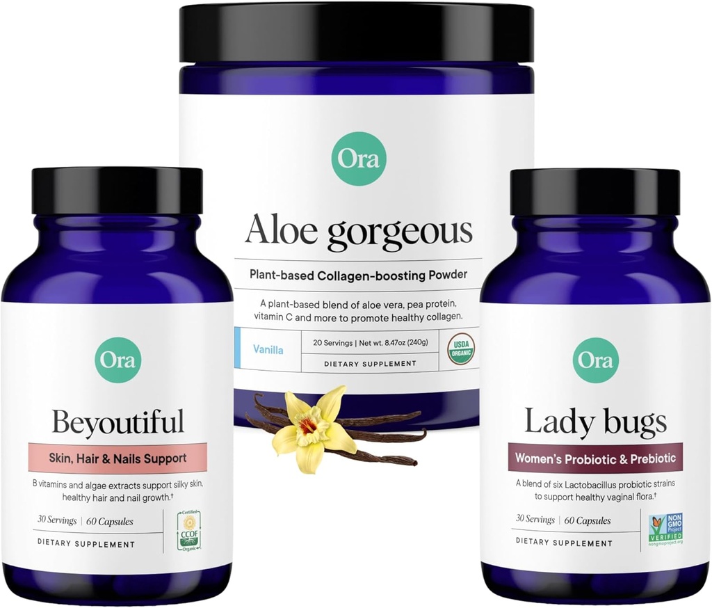 Ora Organic Vegan Collagen, Probiotika, Prebiotika & BeYouTiful Bundle: Aloe Vera - Vanilla Flavor, 20 Servere + 60 Vegan Probiotiske Kapsler + Hår, Hud, & Nails Support, 60 Vegan Kapsler