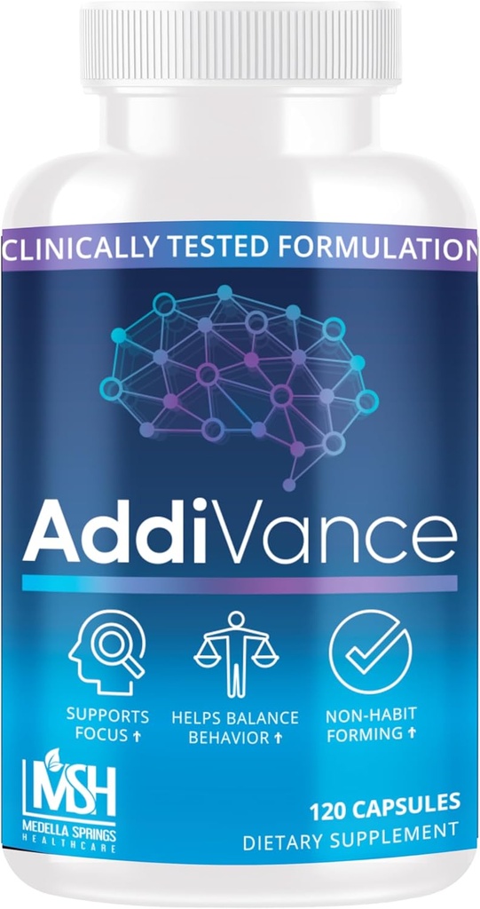 Addivance 120 Caps - Natural Brain Support Support for Enhanced Focus, Memory, & Balanced Behavior - Clinically Proven non-Habit Forming Brain Supplement - Formuleret af medicinske fagfolk