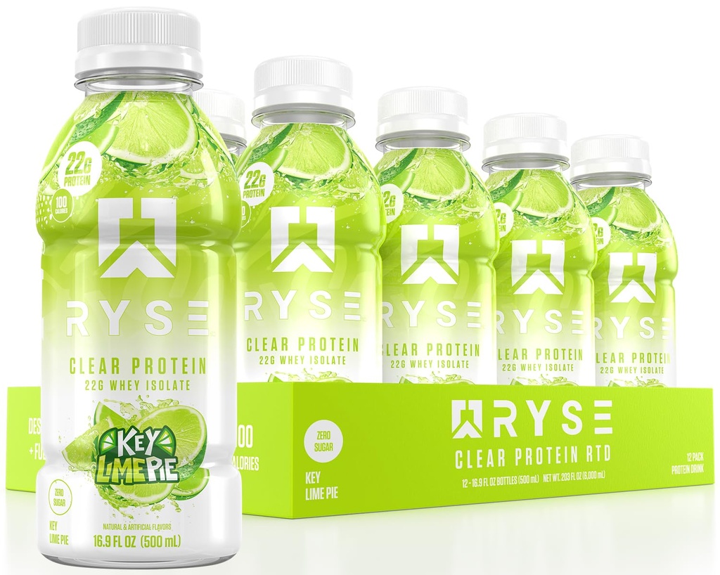 RYSE Clear Protein Drink - Key Lime Pie - 100 kalorier, 22g Whey Isolere Protein Shake, sukkerfri, 0g Fat & Lactose- Free - Genopfriskning Ready- to- Drikke - 16,9 fl oz Flasker (12- Pack)