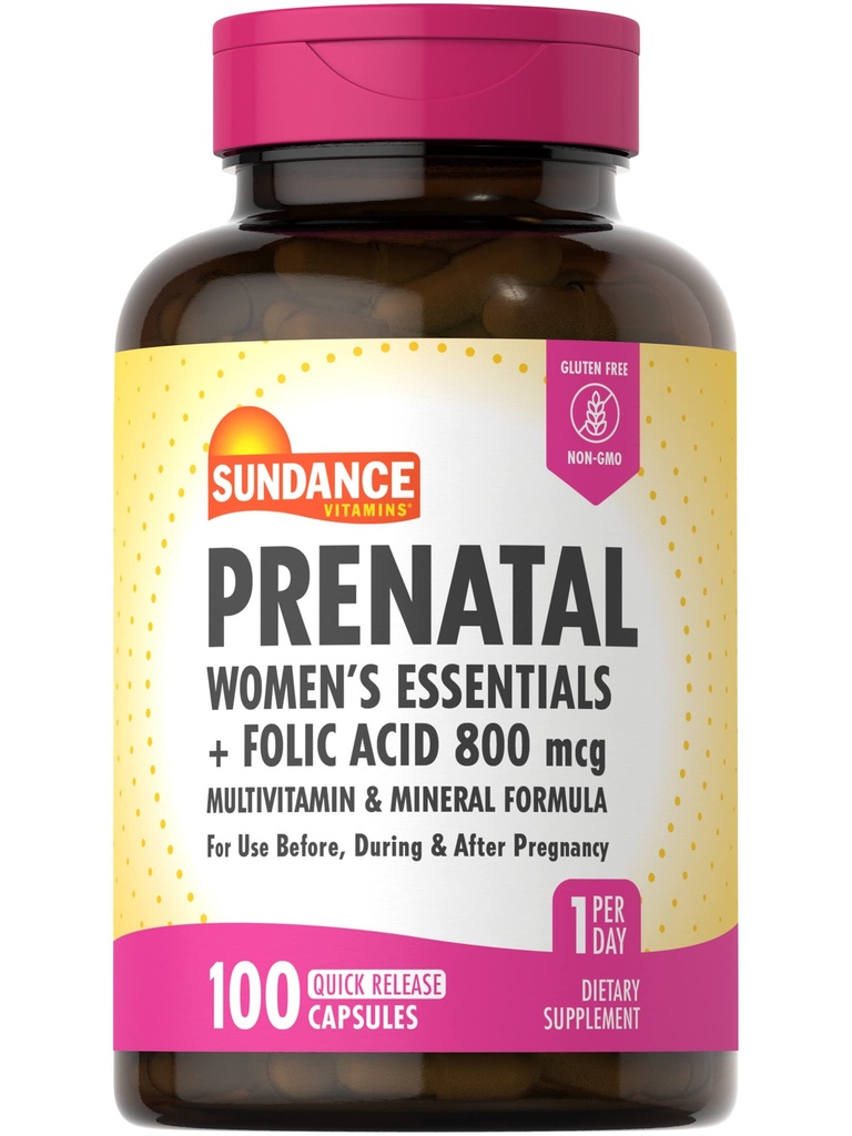 Sundance Prenatal Multivitamin Mex124; med folinsyre Mex124; 100 Quick Release Kapsler; 124; 800 mcg Mex124; Non- GMO, Gluten Free Supplement for Women